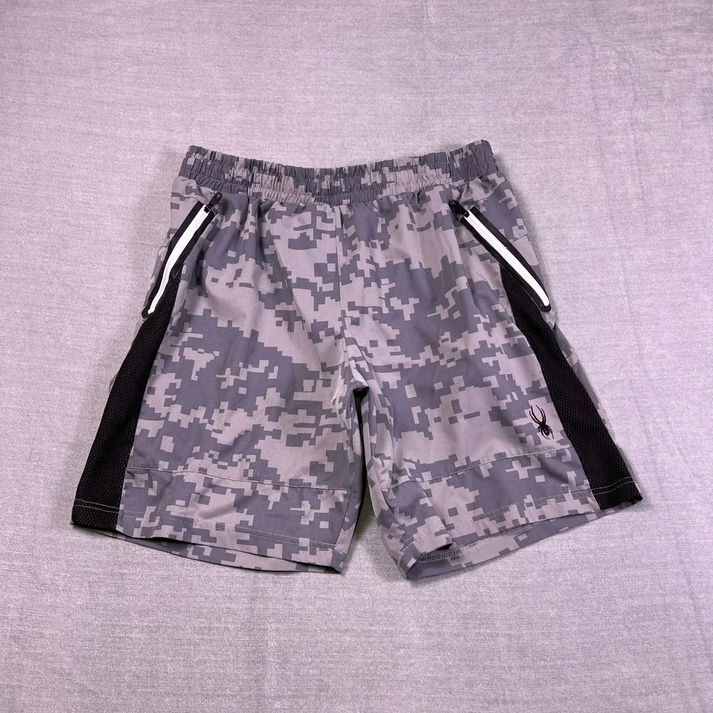 Spyder Active Digital Camo Zipper Pockets Mid Rise Athletic Shorts Mens L Gray
